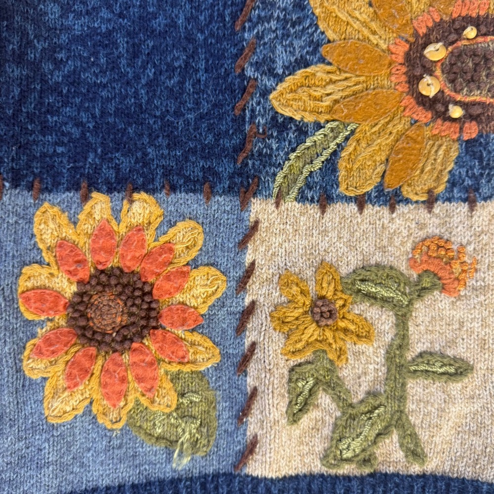Tiara International Vintage Sunflower Patchwork Zip Sweater Vest Blue Large - Picture 7 of 7